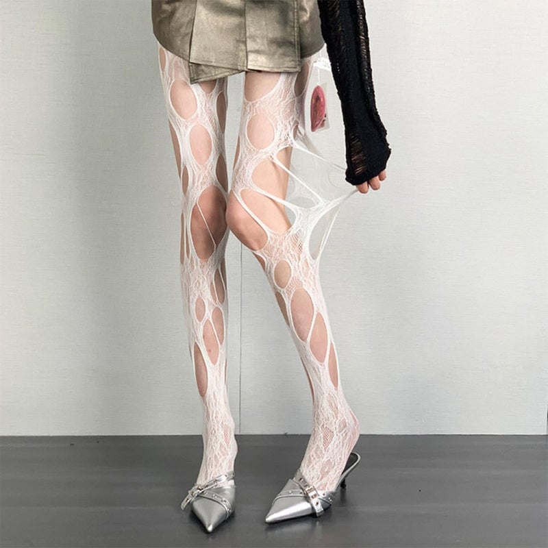 CARALL Women's Ripped Fishnet Tights Gothic Irregular Distressed Hole Hollow Out Mesh Tights Stockings Y2k White Lace Pantyhose for Women Girls Halloween Cosplay Masquerade Party Accessories - Image 2